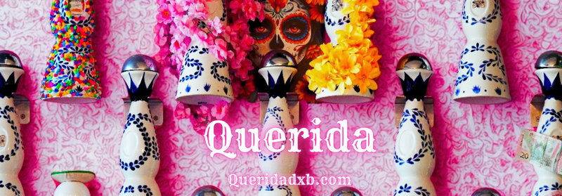 Decorative skull figurines with colorful flowers on a pink background, featuring the brand 'Querida'.