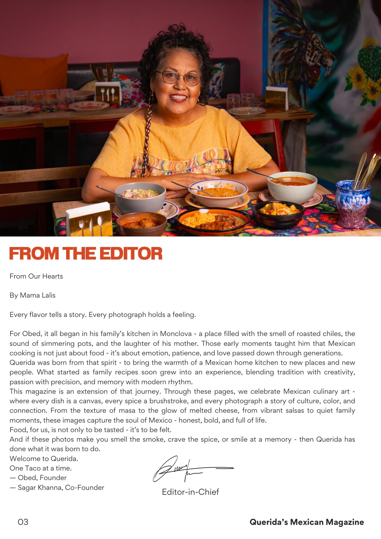 Querida Magazine — Monclovita la Bella, page 3 of 37. Where it begins. Charcoal, comal, and a mother's kitchen. Destination: Monclova, Coahuila, Mexico.