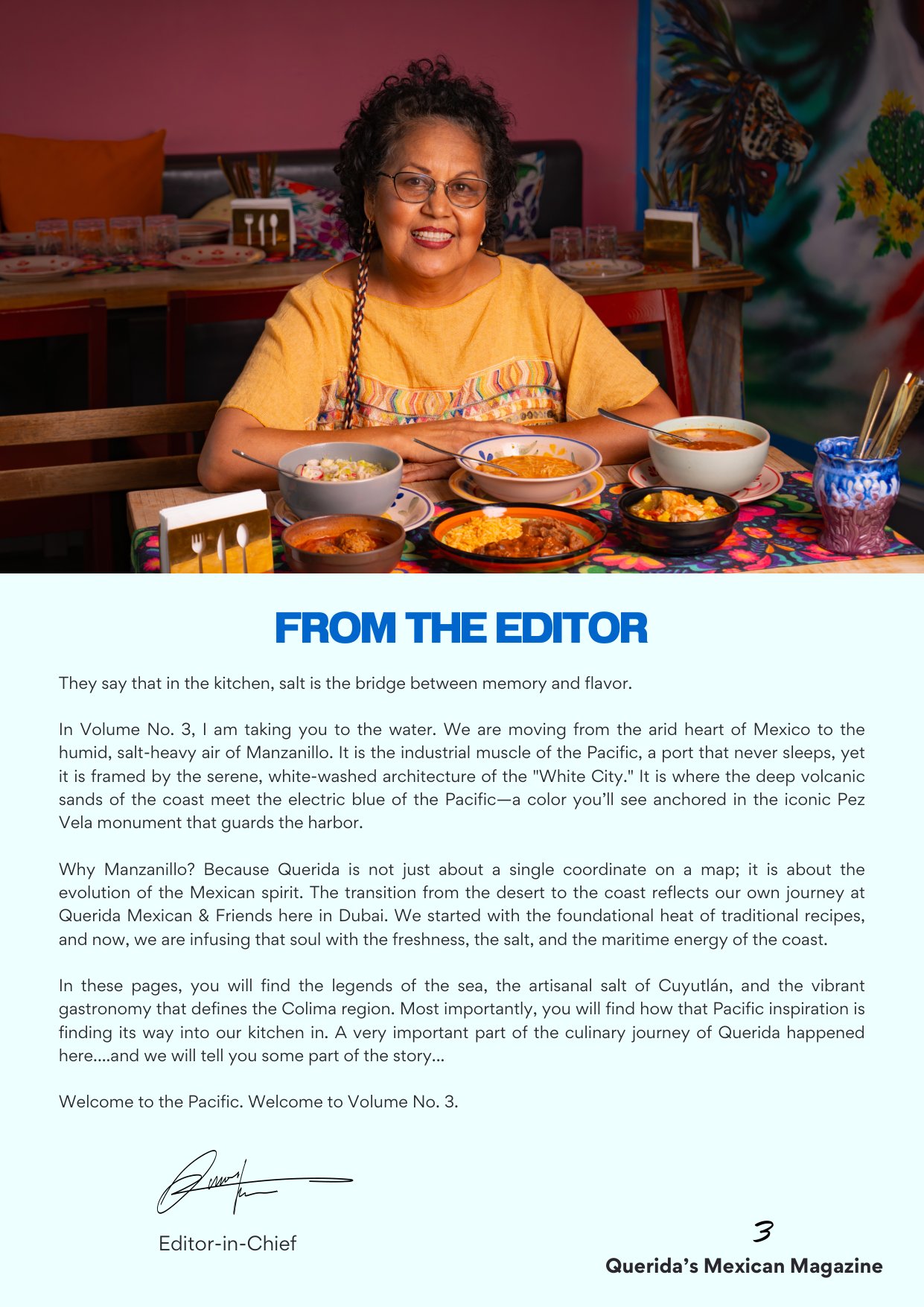 Querida Magazine — Manzanillo, Emerald of the Pacific, page 3 of 36. From the arid heart of Mexico to the salt-heavy air of the coast. Destination: Manzanillo, Colima, Mexico.