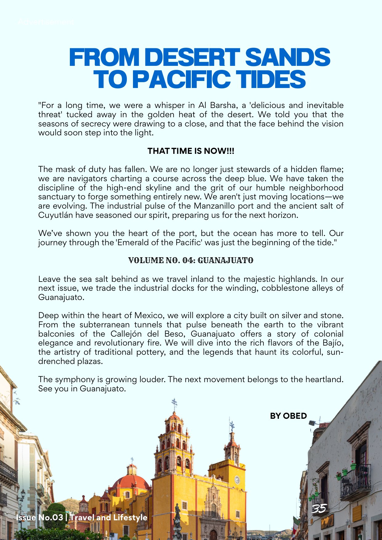 Querida Magazine — Manzanillo, Emerald of the Pacific, page 35 of 36. From the arid heart of Mexico to the salt-heavy air of the coast. Destination: Manzanillo, Colima, Mexico.