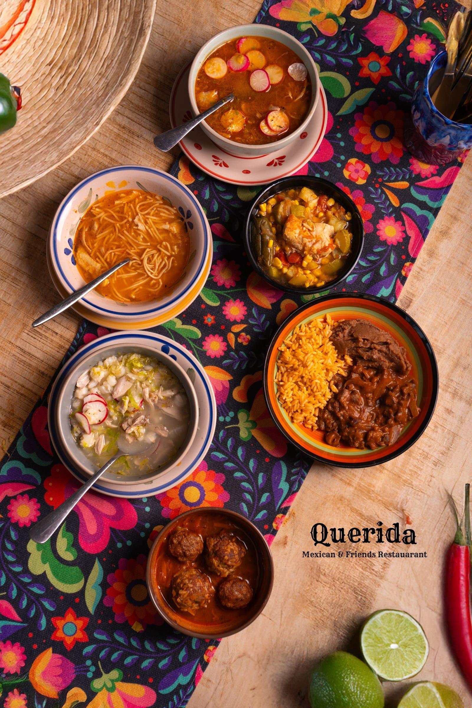 Querida Magazine — Mama's Best · Pozole rojo y blanco, page 1 of 10. Ten plates from Mama's kitchen — the new pozole, the family table, the room when it fills. Destination: Querida — Al Barsha 1, Dubai.