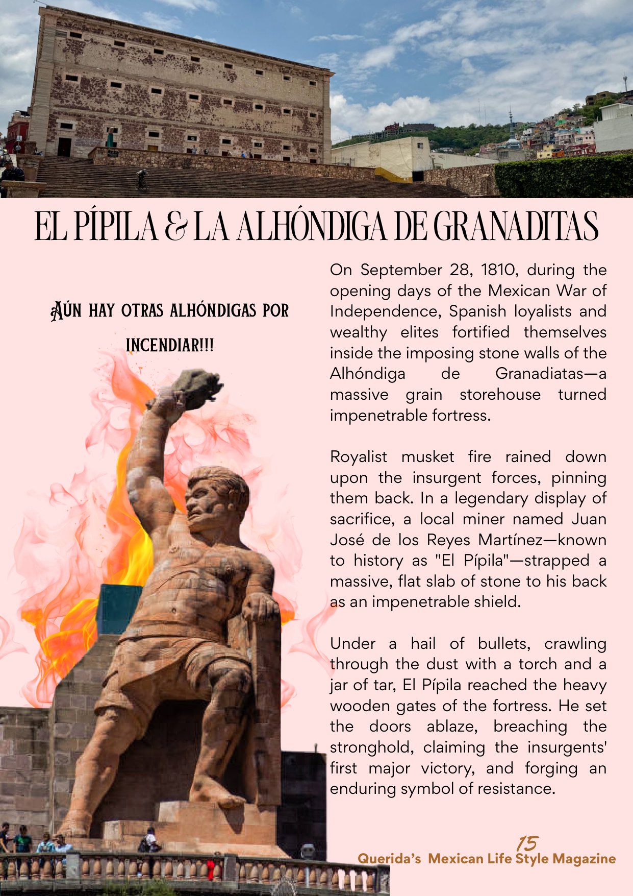 Querida Magazine — Guanajuato, The Heartland of Independence, page 15 of 36. The colonial stone and the historic flame — from a silver city carved underground to the table in Al Barsha. Destination: Guanajuato, Mexico.