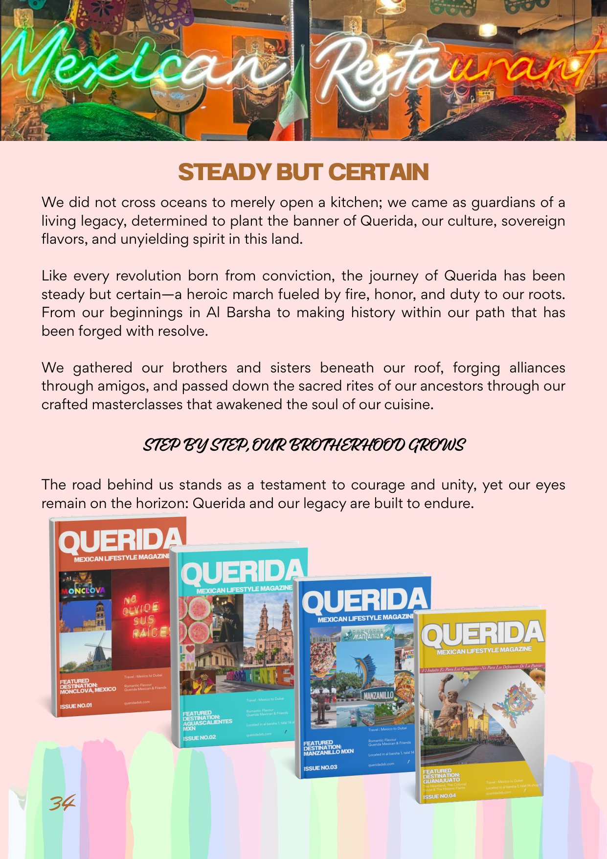 Querida Magazine — Guanajuato, The Heartland of Independence, page 34 of 36. The colonial stone and the historic flame — from a silver city carved underground to the table in Al Barsha. Destination: Guanajuato, Mexico.