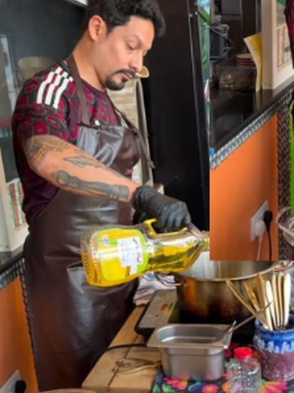 Chef pouring oil into a bowl during the salsas masterclass